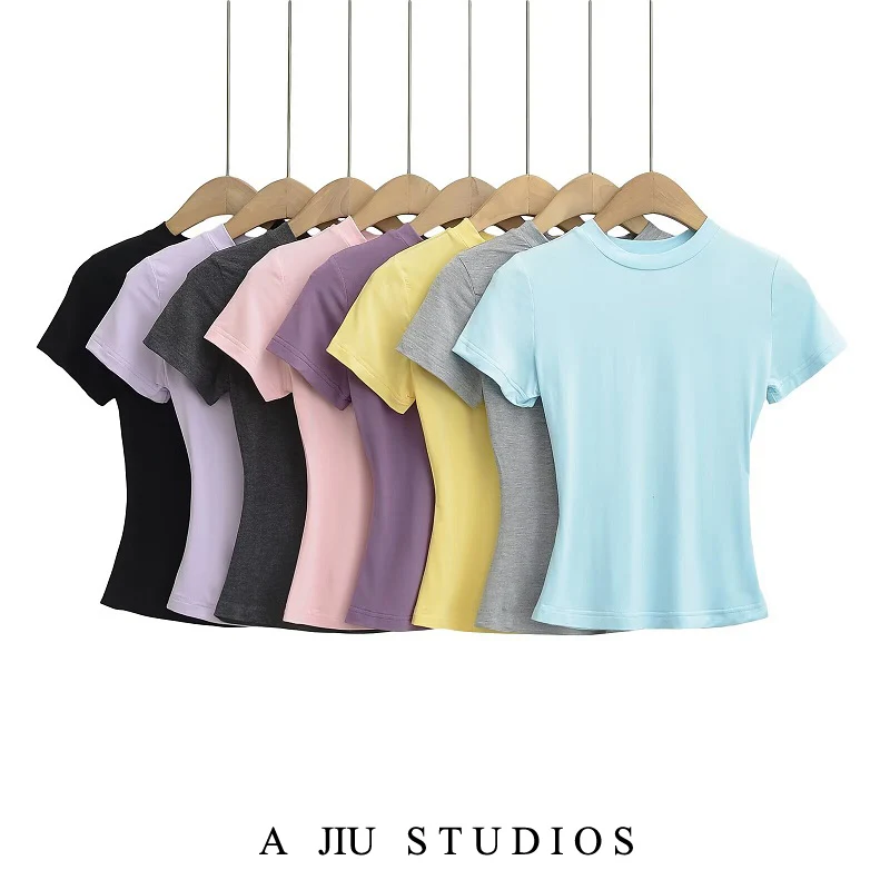 スリムフィットまたはスリムフィット T-irt 女性用夏用伸縮性タイトニングスリムヨガスポーツトップストリートスリムハイカラーや長さ