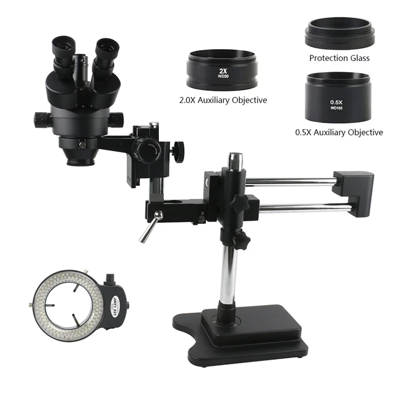 7X45X Zoom Lab Industrial Trinocular Stereo Microscope Desktop Sliding Double Boom Arm Stand 144 LED Ring Light For Phone Repair