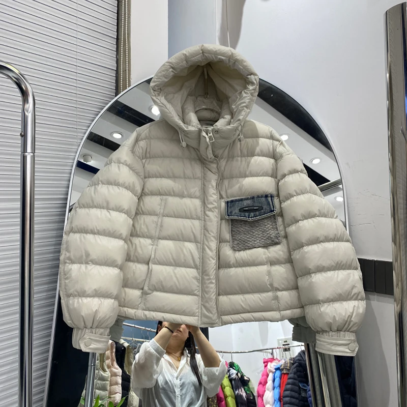 Winter White Duck Down Loose Quilted Outwears Women Solid Color Hooded Short Down Jacket Female Thick Warm Zipper Button Jacket
