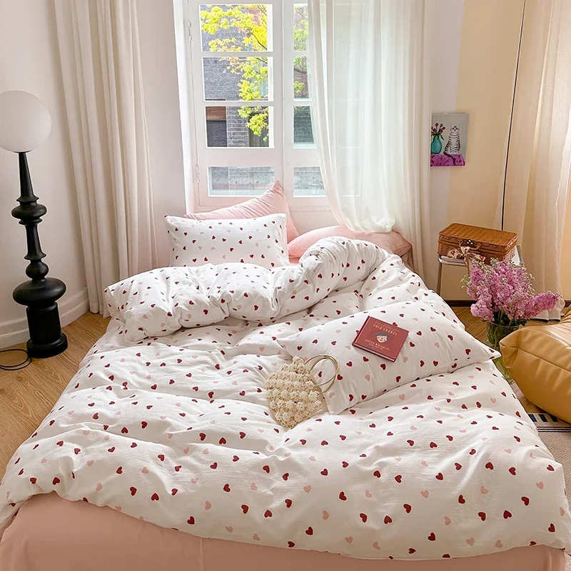 Girl's heart double-layer gauze four-piece love printing quilt cover soft and breathable pure cotton bedding