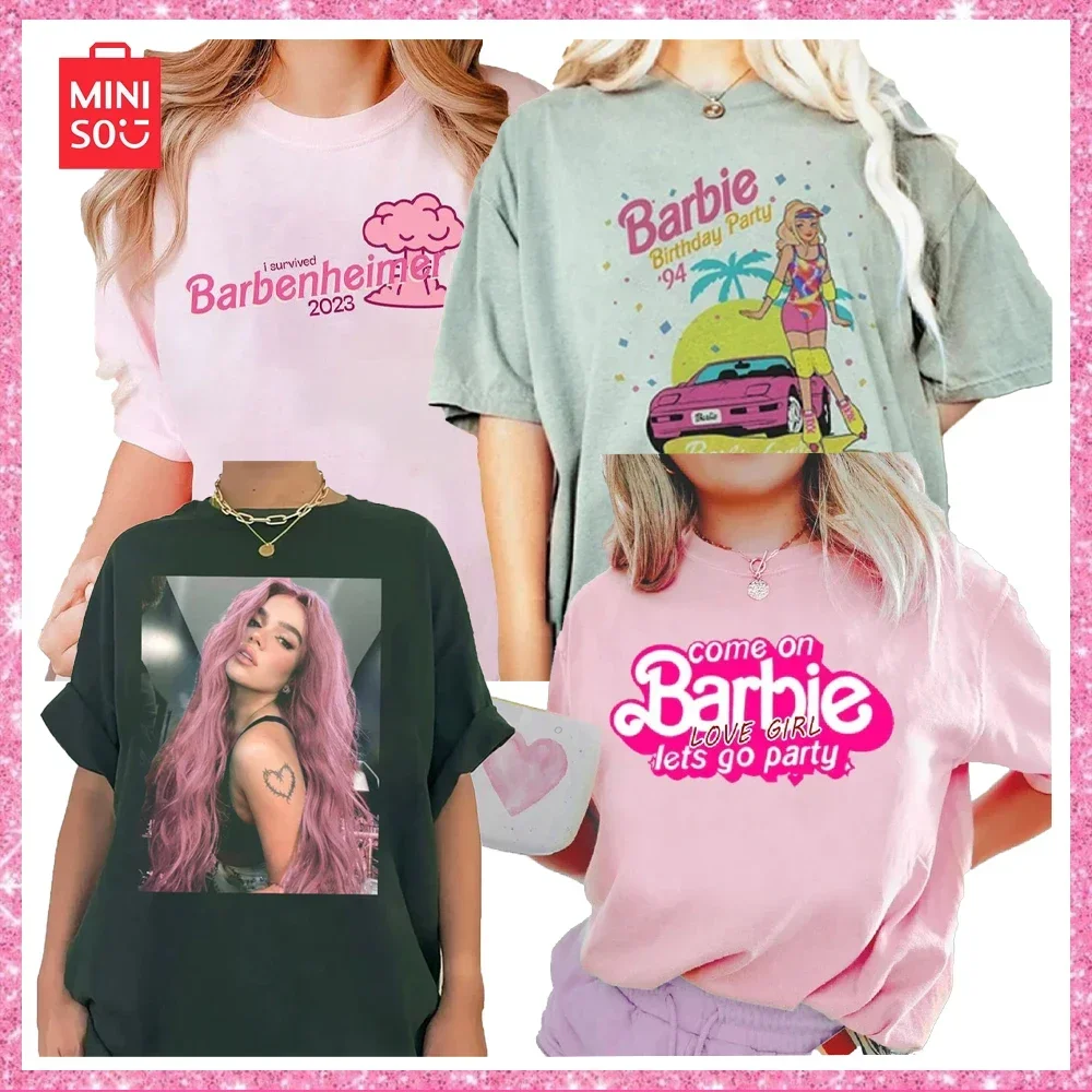 

Miniso 2024 Barbie Cartoon Letters Printed Clothes Round Neck Short-Sleeved Ladies T-Shirt Casual Sports Loose Birthday Gift