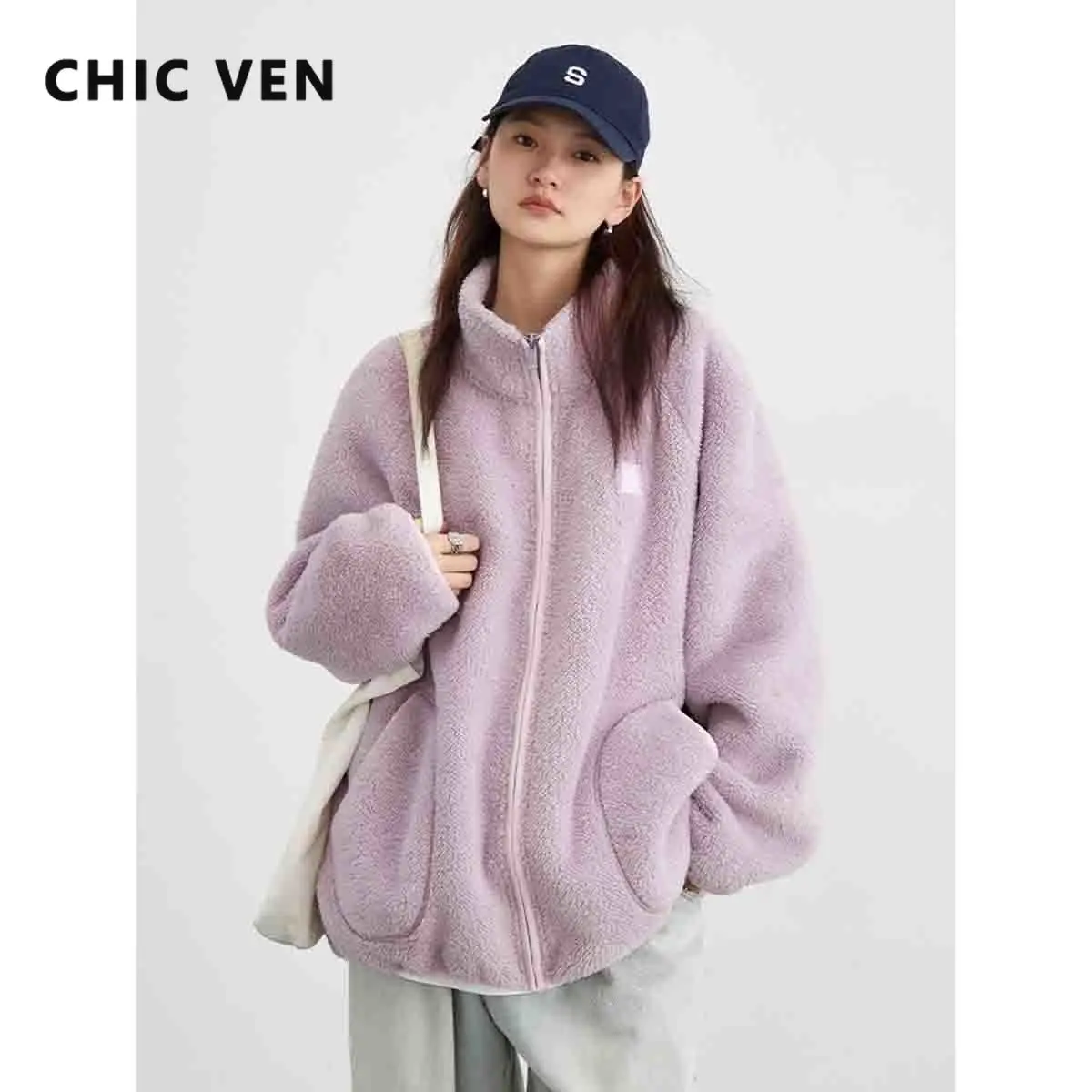 CHIC VEN Women\'s Jackets Casual Standing Neck Soild Plush Coat Fashion Soft Long Sleeve Tops Female Streetwear Winter New 2023