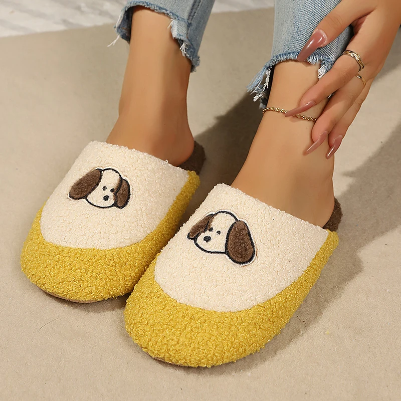 Embroidery Love - รองเท้าแตะในบ้านลายปักลูกสุนัขสำหรับผู้หญิง พื้นนุ่มสบาย กันลื่น เหมาะสำหรับใส่ในห้องนอน รองเท้าแตะคู่รักน่ารัก ไซส์ใหญ่สำหรับผู้หญิง