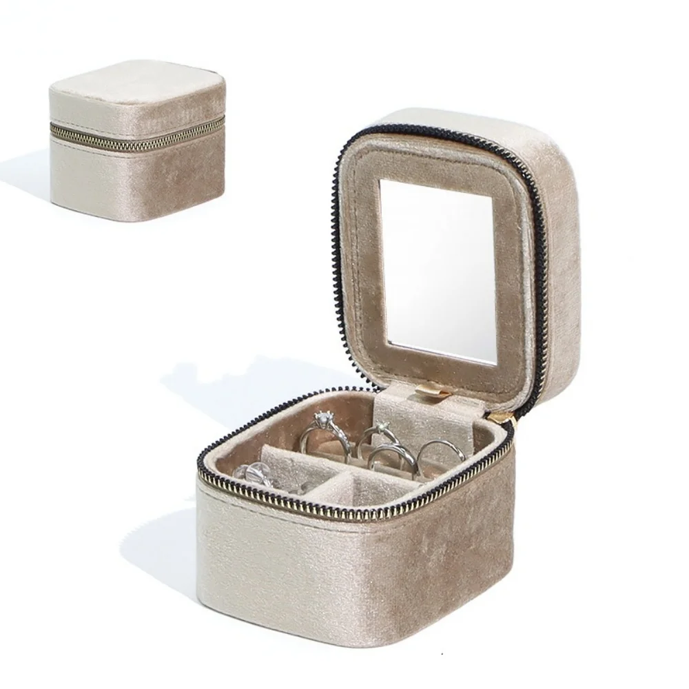 

Винтажная бархатная дорожная коробка для хранения ювелирных изделий, кольцо с зеркалом, портативный органайзер для ожерелья и сережек, флип-молния, высококачественная шкатулка для драгоценностей