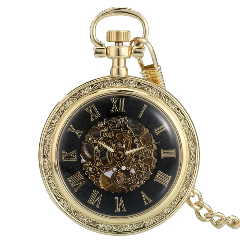 Luxury Yellow Golden Pocket Watch Roman Number Display Mechanical Automatic Clock for Men Fob Chain Watches Collectable Reloj