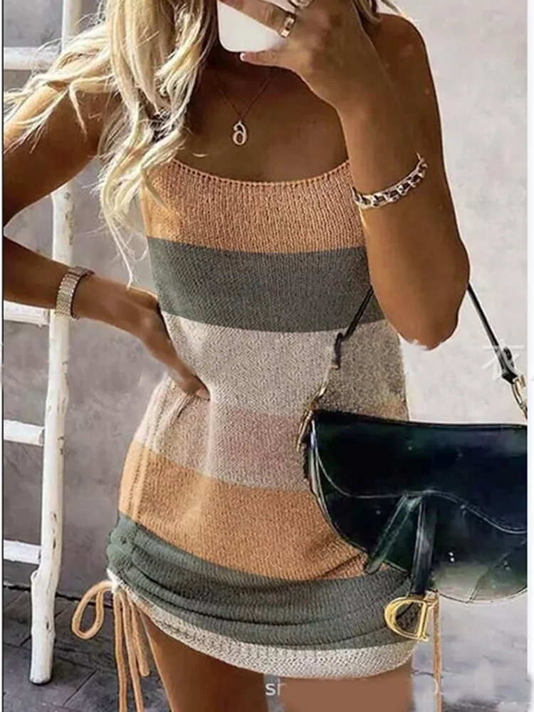 Women Spaghetti Strap Knitted Dress Fashion Solid Summer Sleeveless Sexy Mini dresses for lady Bodycon sweater mini dresses