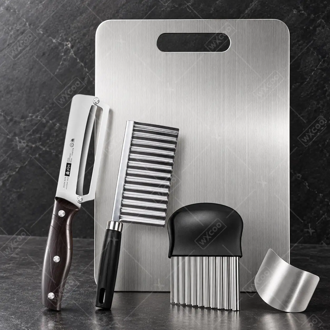 WXCOO Stainless Steel Crinkle Knife Set with Wavy Potato Cutter Peeler Hand Guard Chopping Board for French Fries Salad Chopper
