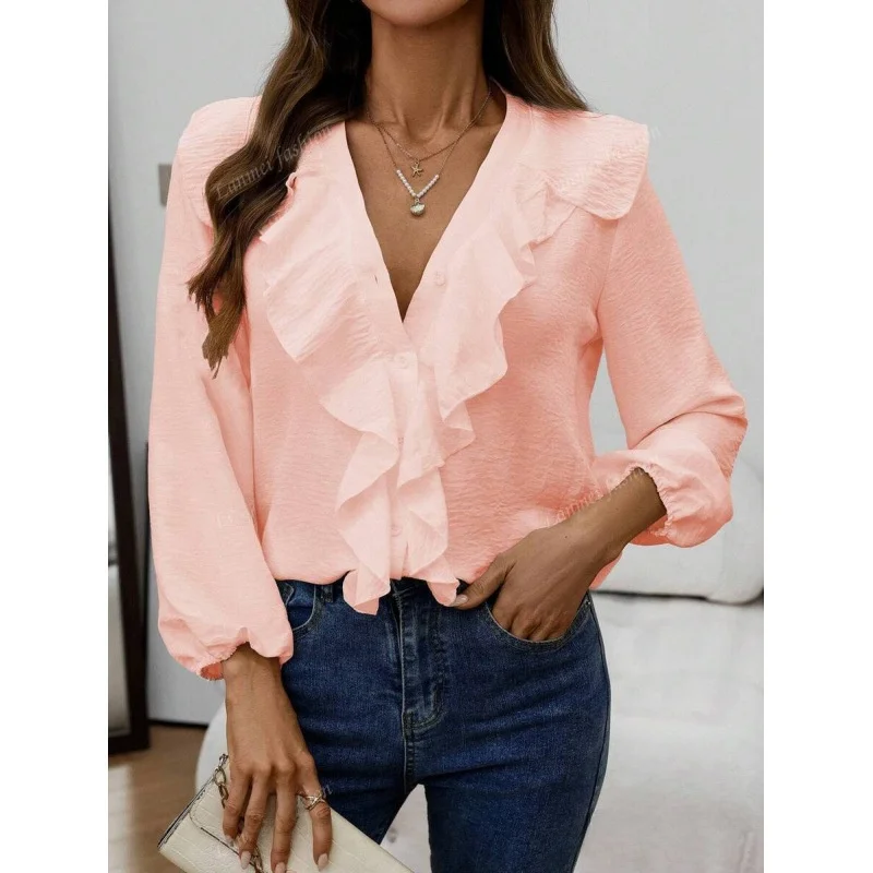 

Женская блузка с V-образным вырезом и оборками, элегантная, весна 2026, не дающаяся к усадке, из других материалов, 100% альтернативный стиль