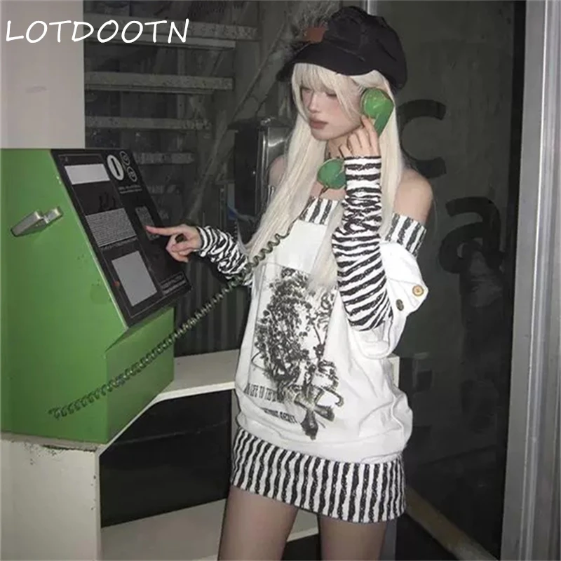 

LOTDOOTN японские топы с открытыми плечами Y2k, мусорный стиль 2000-х годов, длинная футболка с татуировкой и принтом, винтажные топы из двух предметов в стиле Харадзюку, гранж