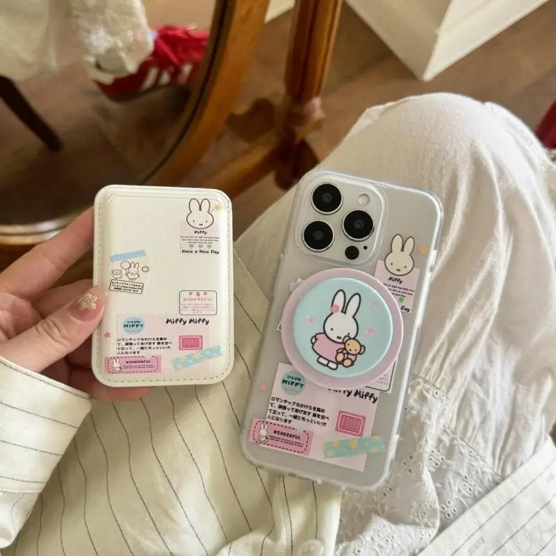 

Kawaii Miffy Phone Case Cartoon Tag Miffy Rabbit Suitable for Iphone 15 Promax Phone Case with Magnetic Bracket or Card Holder