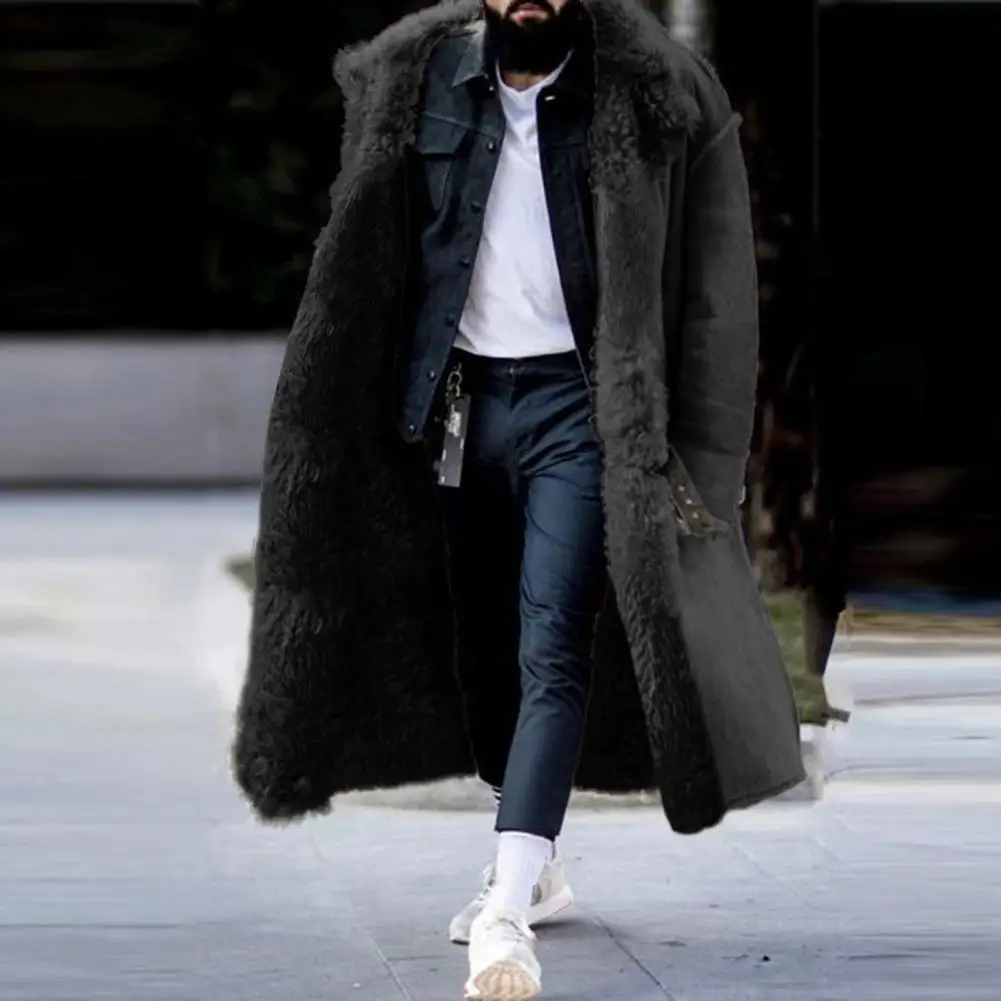 Men Winter Jacket Solid Color Imitation Fur Thick Medium Long Coat Jacket Faux Fur Thicken Buttons Autumn Winter Thick Overcoat