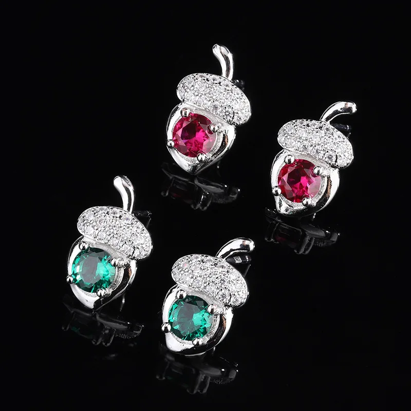 

Gan Xiao Acorn Earrings for Women New Gemstone Earrings Red Corundum Emerald Earrings Gift for Girlfriend