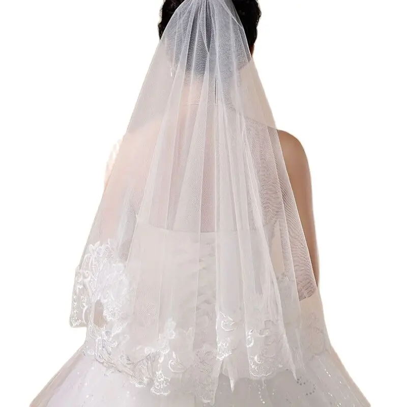 Fashionable Refine Single Tier White Ivory Tulle Wedding Veil With Lace Applique