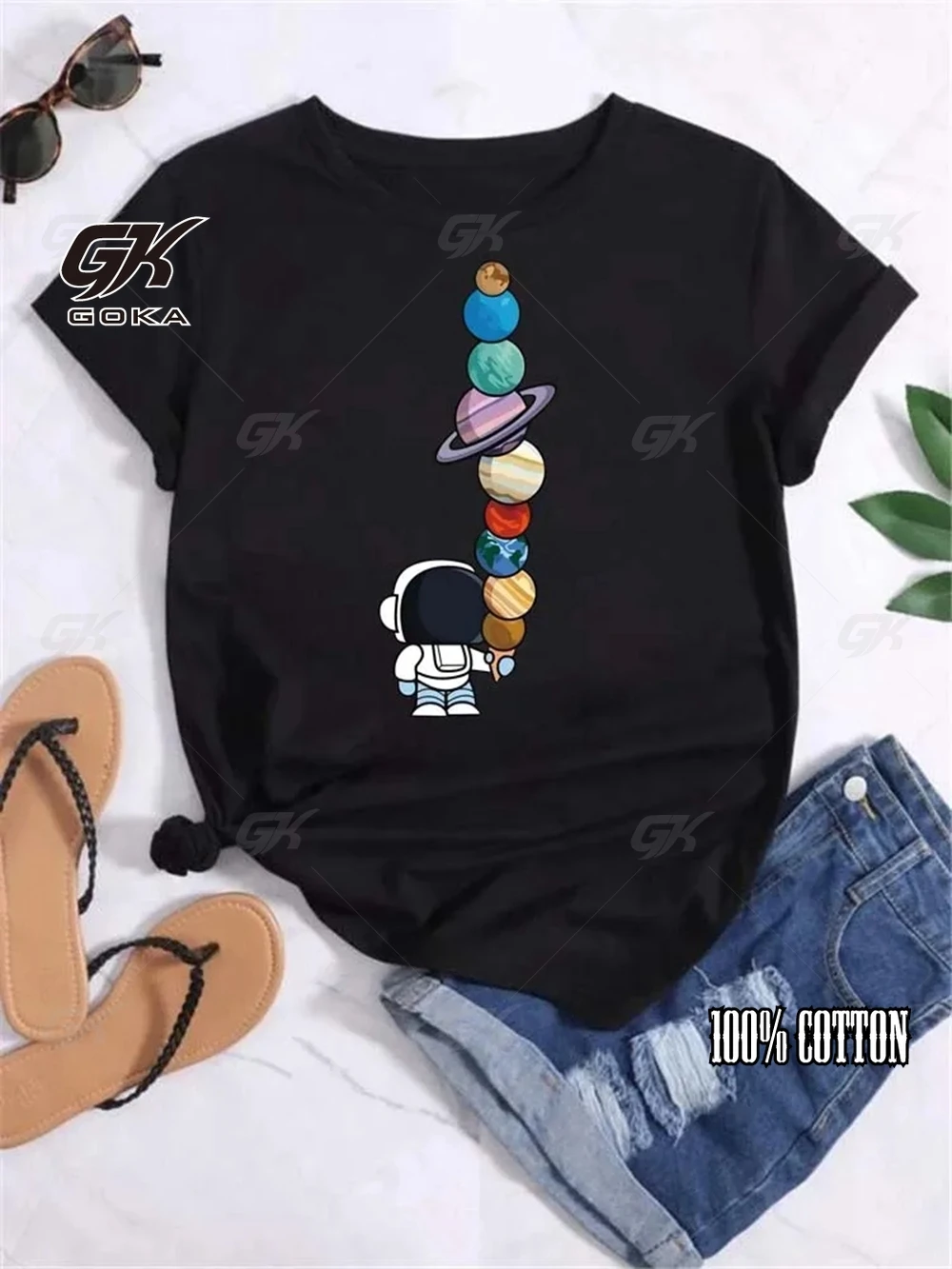 T-shirt manches courtes col rond femme, streetwear décontracté et à la mode avec lune et planète imprimée