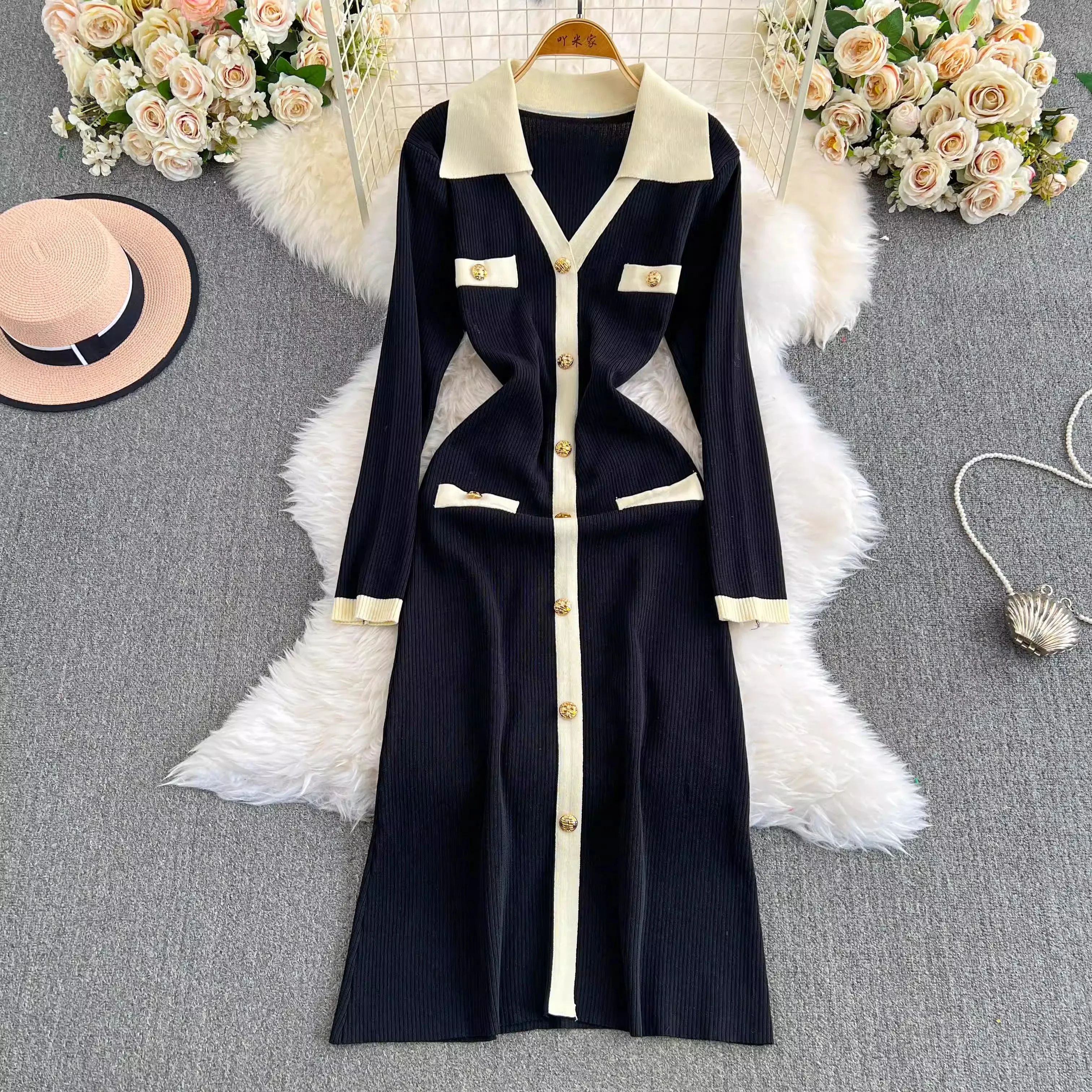 YuooMuoo Women Dress 2024 Autumn Winter Notched Knitted Long Dress Office Lady Single-breasted Beige Black Sweater Dress