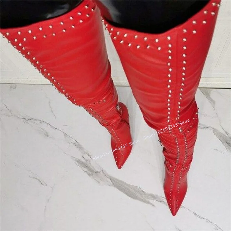 Red Knee High Pointed Toe Rivet Boots Thin High Heel Fashion Cool Sexy Winter Casual Big Size Woman Shoes Zapatillas Mujer