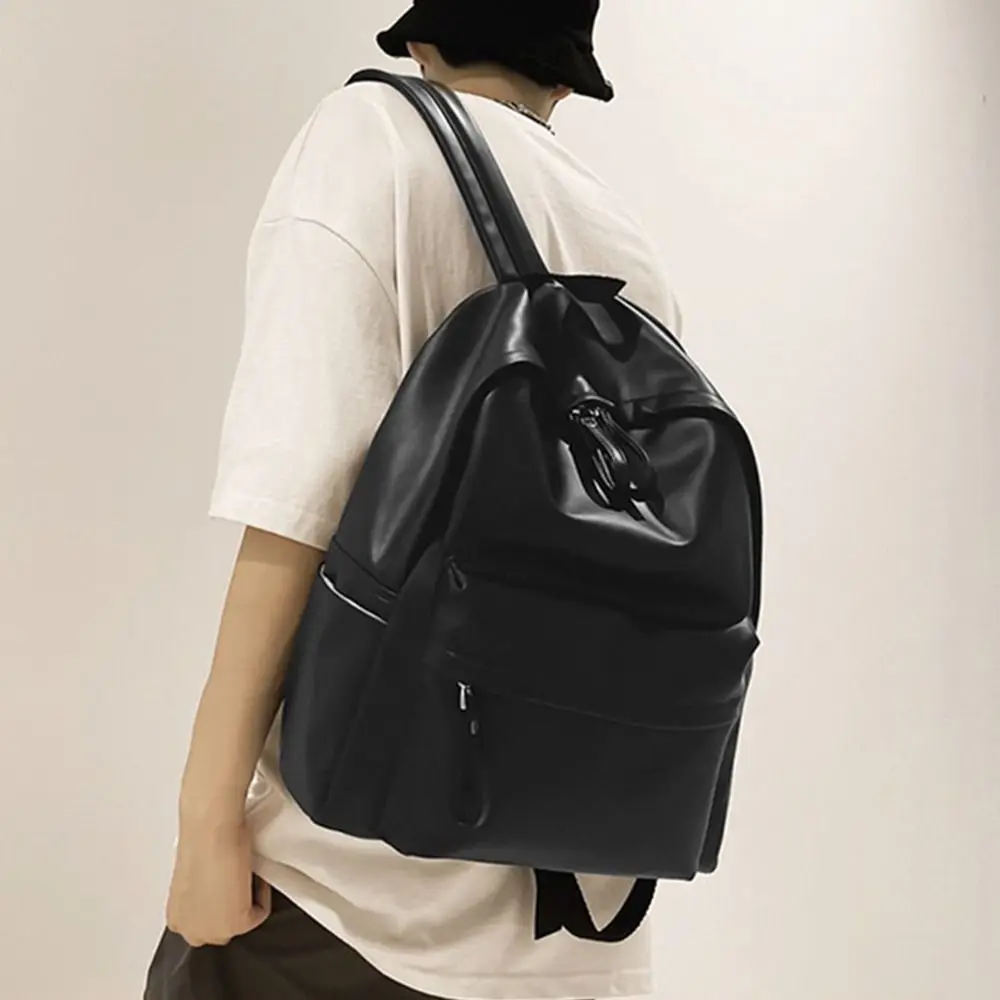 1Pcs New Large Capacity PU Leather Backpack Solid Color Waterproof School Bag Unisex Portable Couple Backpack Men Women