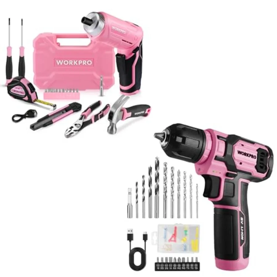 

8V Cordless Drill Driver Set with 53pcs Bit Set and 18 PCS Tool Set with 3.7V Rotatable Electric Screwdriver - Pink