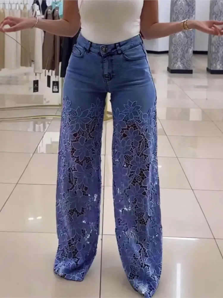 Autumn High-waisted Casual Wide-leg Trousers Women's Fashion Temperament Versatile Hollow Lace Stitching Denim Droop Pants