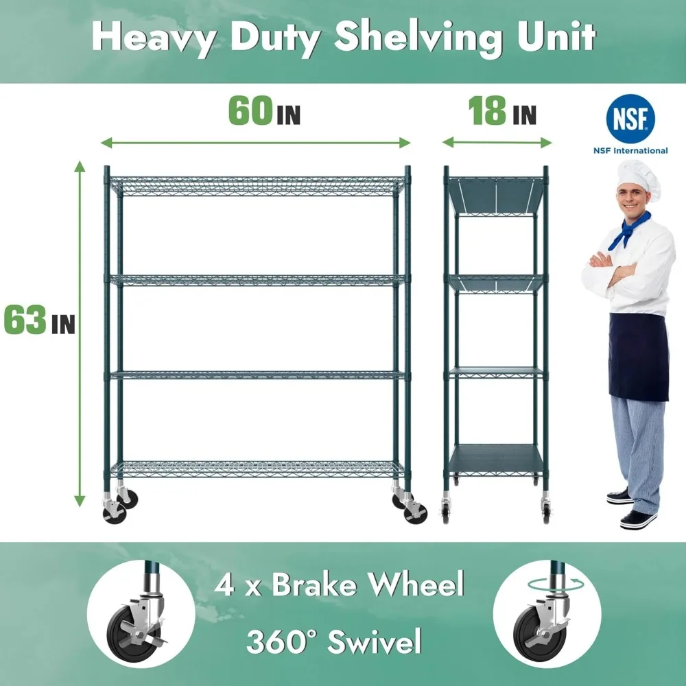Сверхмощные стеллажи из стальной проволоки коммерческого класса, 18x60x63, подходят для влажной и сухой среды, зеленая эпоксидная отделка, 4-т.