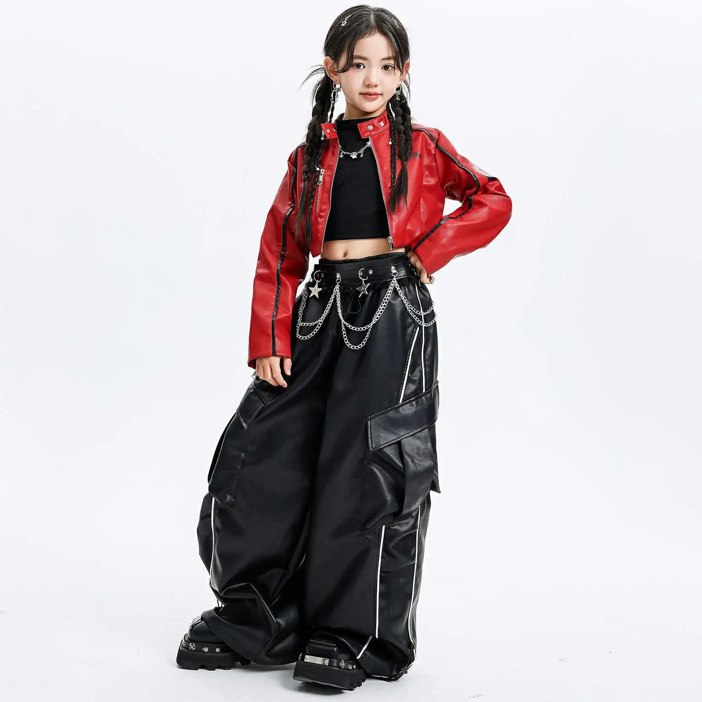 طفل Kpop الهيب هوب الملابس الأحمر فو الجلود زمم المحاصيل سترة سوداء بولي Street الشارع مخطط البضائع السراويل لفتاة ملابس رقص الملابس