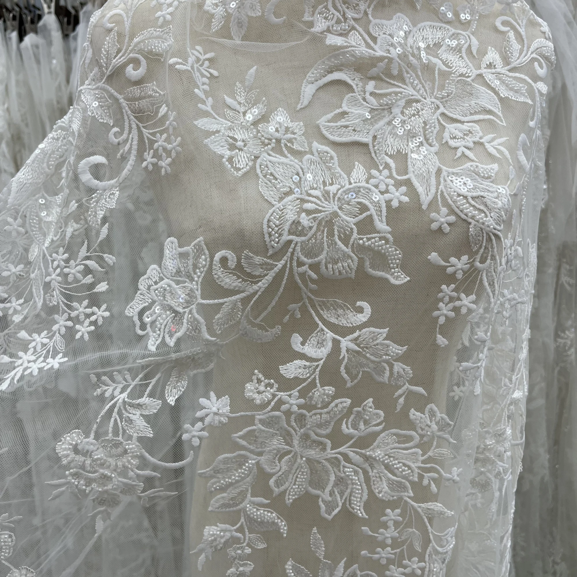 Exquisite New Sequins Beads Lace Fabrics Private Customized Wedding Dresses Bridal Wear Fabrics