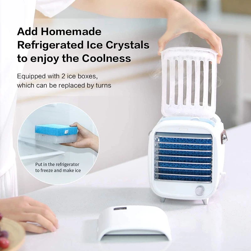 Portable Air Conditioner Small USB Desktop Air Cooler Fan Built In Ice Box Strong Wind Features For Home Office Bedroom