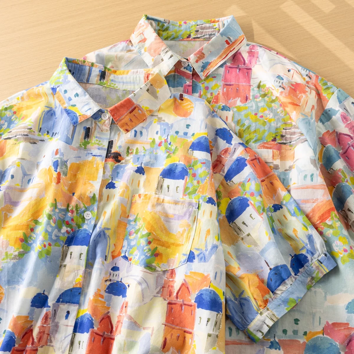 

2025 Pure cotton harajuku fashion cartoon castle print shirts and blouses for women summer short sleeve large size tops