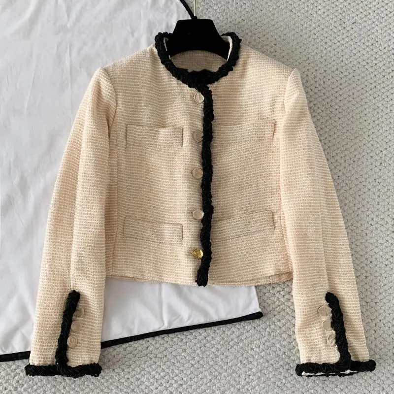 Spring And Summer 2026 New Fashion French Style Design Age-reducing All-match Round Neck Long-sleeved Short Coat Women Solid Col