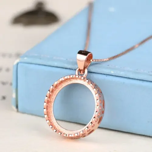 925 Sterling Silver Rose Gold Color Women Semi Mount Pendant for 15x15mm Round Cabochon Amber Agate Opal Lapis Lazuli Setting