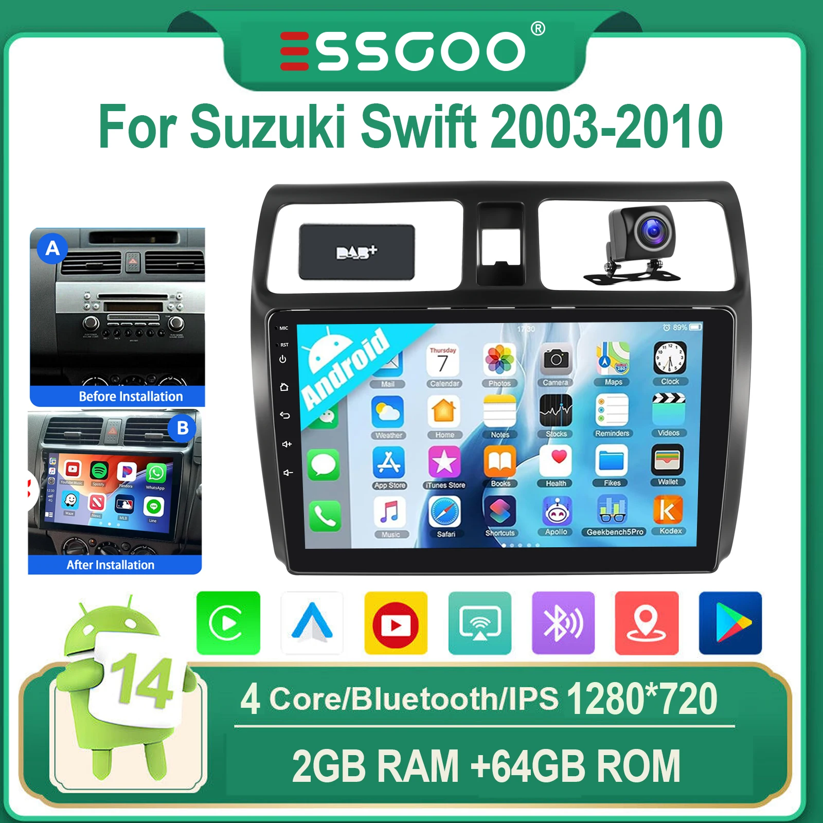 ESSGOO Voor Suzuki Swift 2003-2010 Android 14 10" IPS Touchscreen Autoradio Draadloze CarPlay Android Auto WIFI GPS Bluetooth FM Mirror Link Stuurwielbediening 4-Core Multimedia Videospeler - afbeelding 1