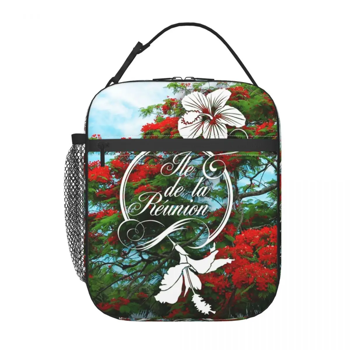 974 Reunion Island Thermal Insulated Lunch Bag Flamboyant And Hibiscus Portable Lunch Container Travel Multifunction Food Box