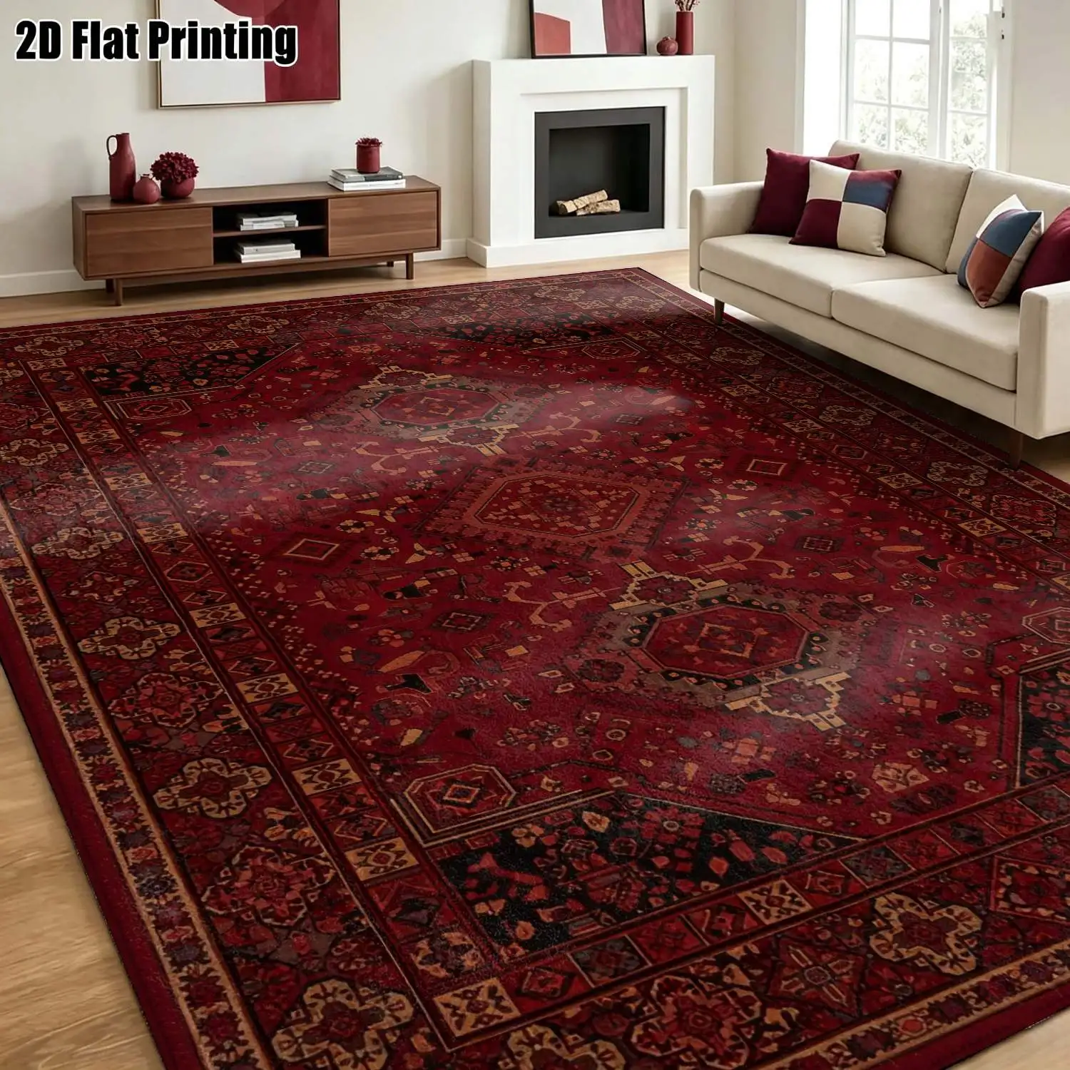 1Pc 2D Printed Retro Red-Brown Geometric Pattern Carpet: European Vintage, Bohemian Style, Home Decor, Multi-Size, Machine Washable, Suitable for Living Room, Bedroom, Dining Room, Entrance and Study