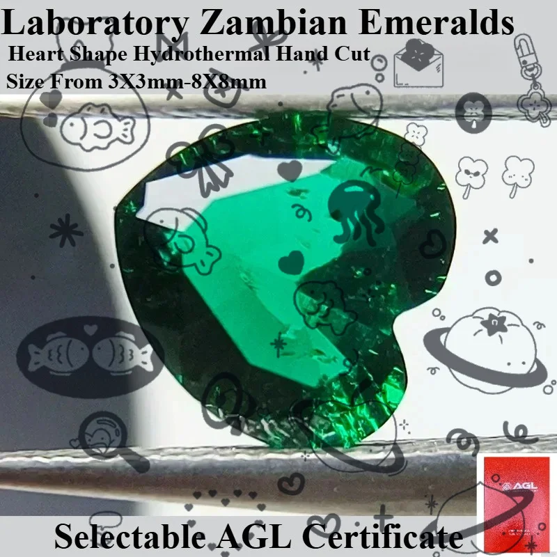 Laboratory Zambian Emeralds Heart Shape Hydrothermal Hand Cutting With Cracks Inclusions Inside Selectable AGL Certificate