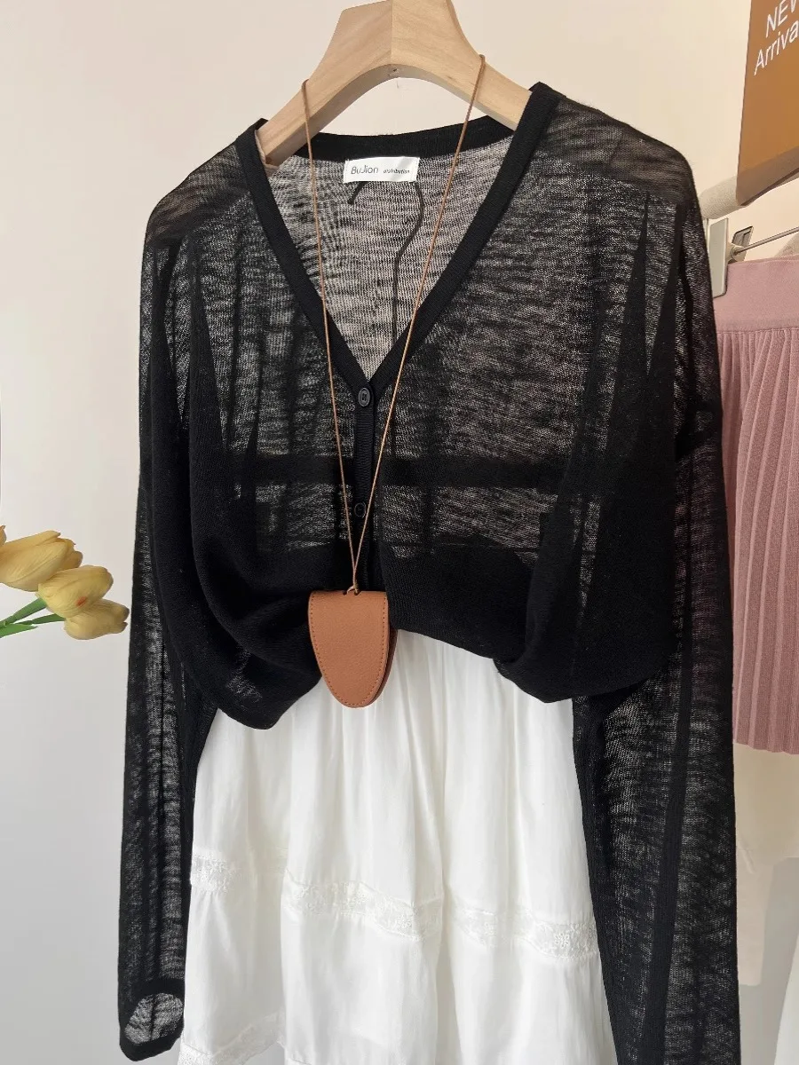 Lightweight V-Ne Bamboo Rayon Knitted Open Cardigan Women's Early Autumn Sun Protection Top Outerwear Loose Sensation Skirt