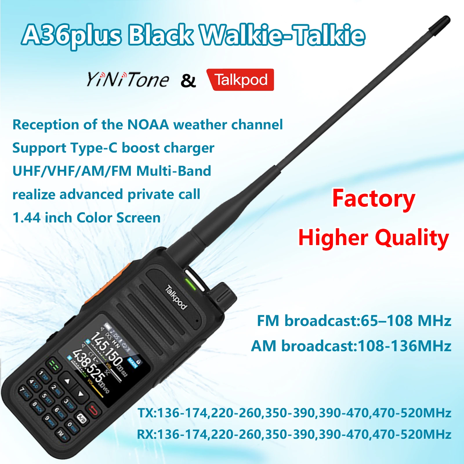 

A36plus Transceivers UHF/VHF/AM/FM Multi-Band Portable Multi-Function with Color Display Type-C Waterproof Two Way Radio Black