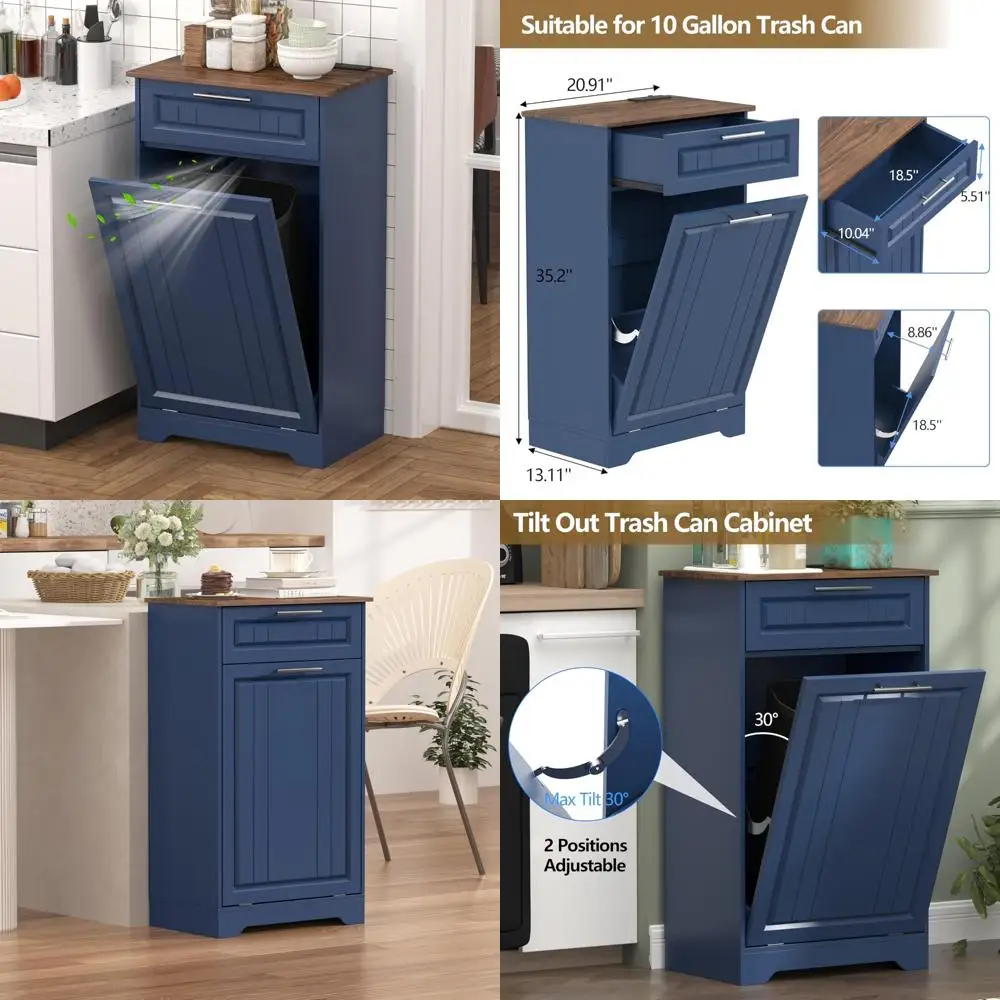 

Kitchen Trash Can Cabinet with 10 Gallon Capacity, Tilt-Out Design, Wooden Construction, Deodorizing Feature, and Storage Drawer