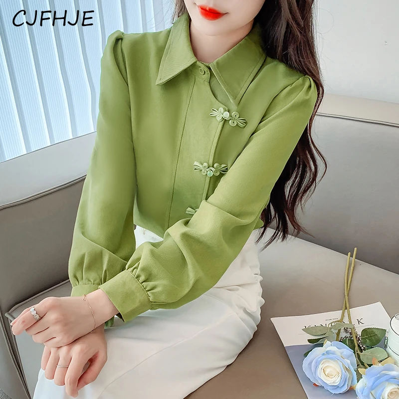 CJFHJE New Chinese Style Button Brushed Women\'s Shirt Top Spring Fashion Retro Versatile Women Long Sleeved POLO Collar Shirt