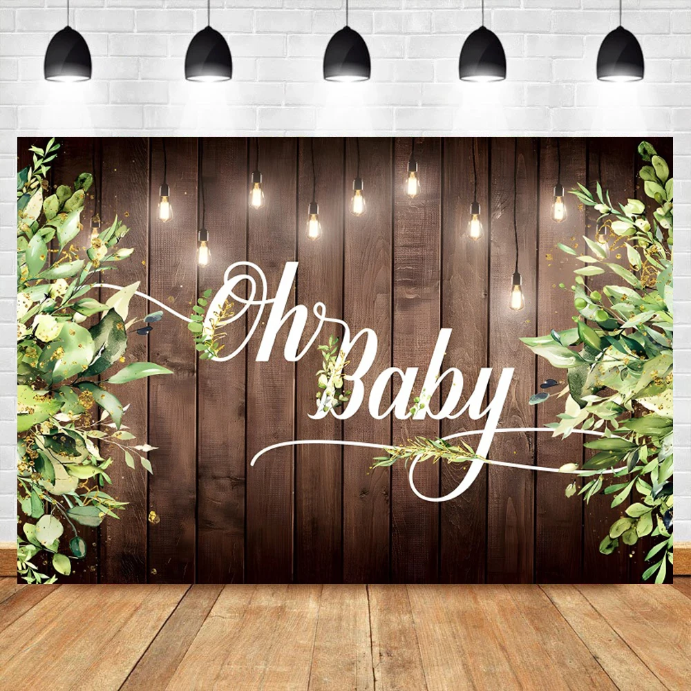 Oh Baby Wood Board Background Green Leaves Boy Girl Newborn Baby Shower Baptism Party Lighting Decor Custom Photography Backdrop