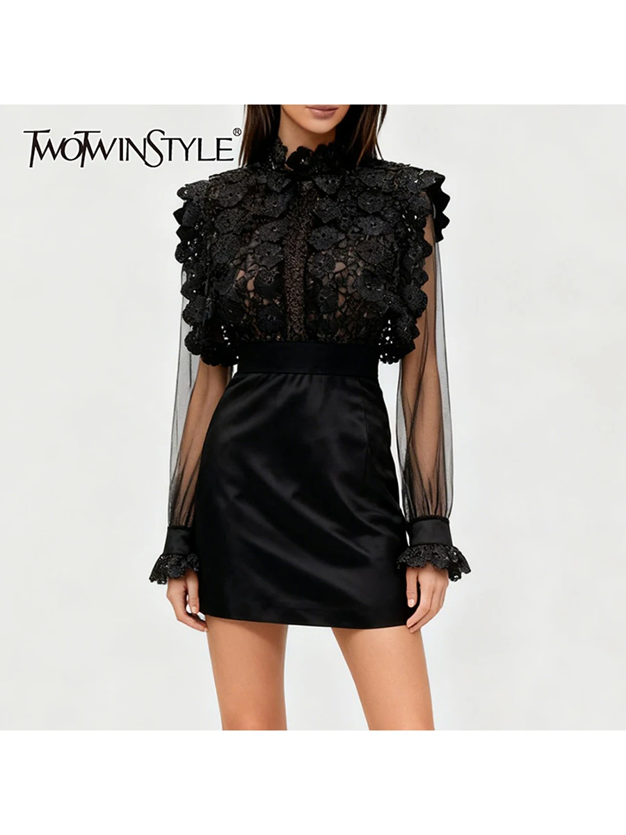 TWOTWINSTYLE スリミング シアー スプライス刺繍 ファッション ミニドレス レディース ラウンドネック 長袖 ハイウエスト ワンピース 女性用