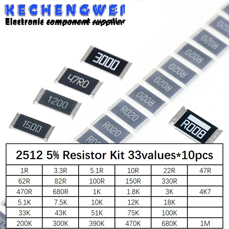 

2512 SMD Resistor Kit Assorted Kit 1ohm-1M ohm 5% 33valuesX 10pcs=330pcs DIY Kit