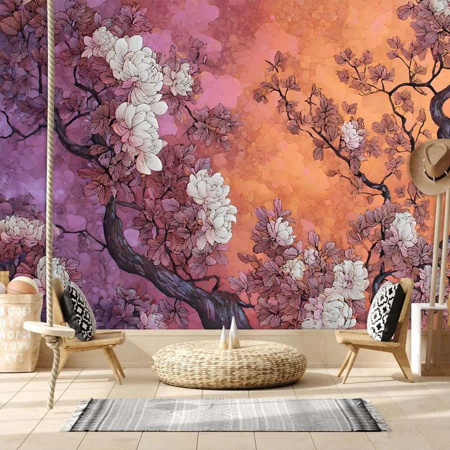 19+ Cherry Blossom Branches Gradient Floral Mural, Self Adhesive Optional, Wallpaper for Living Room Walls Art Papers Home Decor