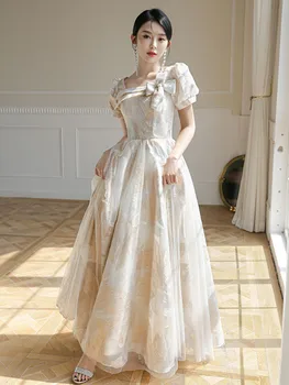 4 Arten Champagner Brautjungfer Kleider Frauen neue elegante Flora Print Abendkleider knöchel lange Falte Design Vestido