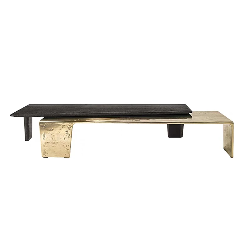 

Luxury stainless steel high-low combination coffee table designer, solid wood coffee table with irregular personality