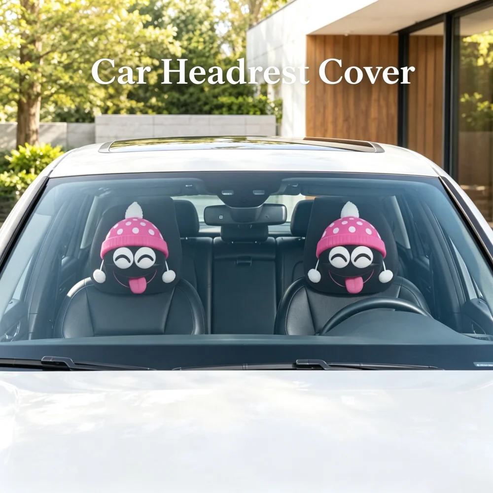2Pcs Car Headrest Covers Winking Tongue Face with Pink Polka Dot Hat Print, 2D Flat Printing, High Elastic Breathable, Universal