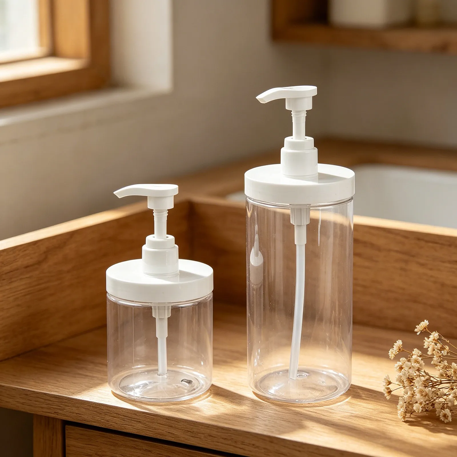 4Pcs Travel Pump Bottles Clear Refillable Leakproof Dispenser Containers Wide Opening for Shampoo Conditioner Body Wash Liquid