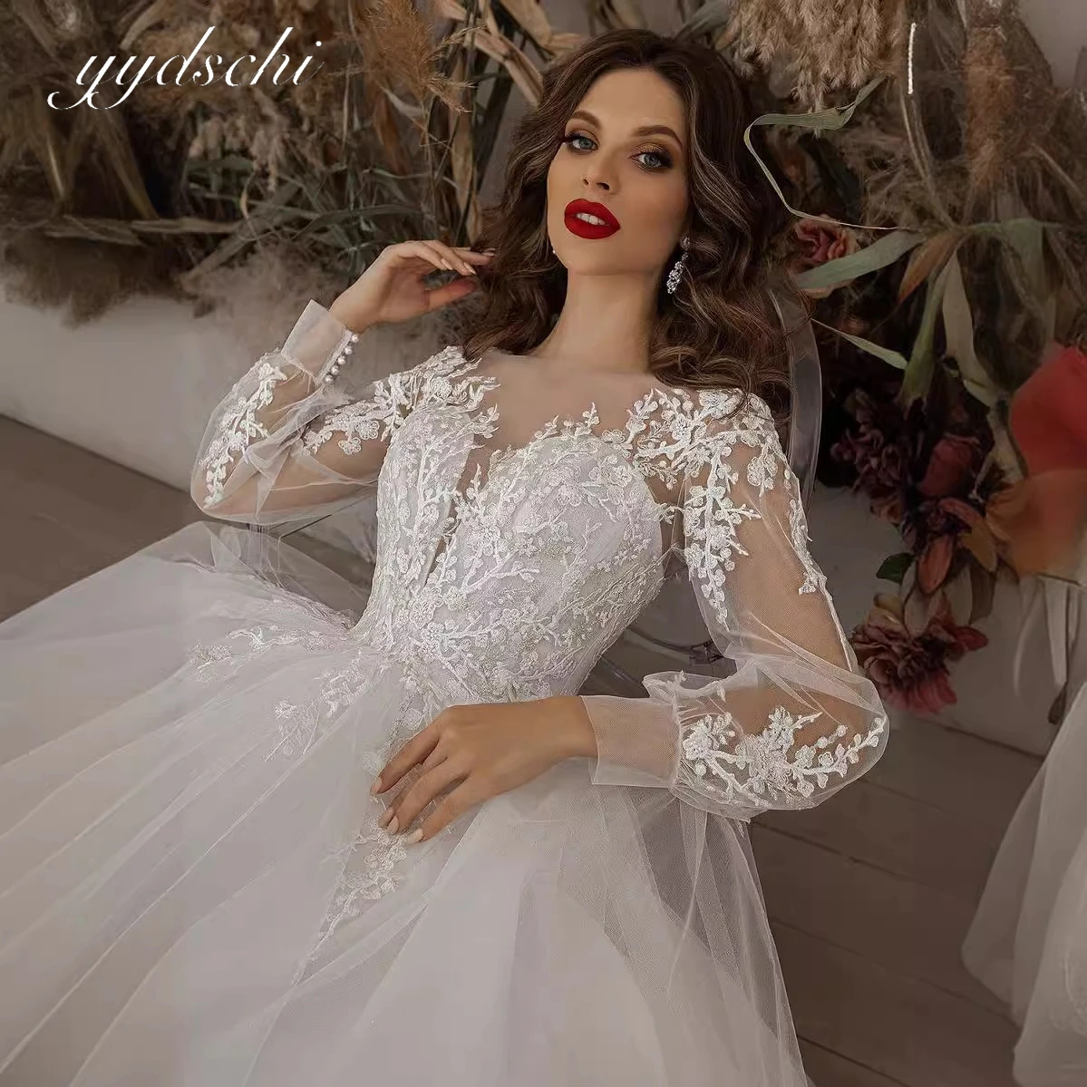 

Элегантные кружевные тюлевые свадебные платья с длинными рукавами по индивидуальному заказу для женщин, 2025 г., свадебные платья с аппликацией в форме сердца, платья de novia