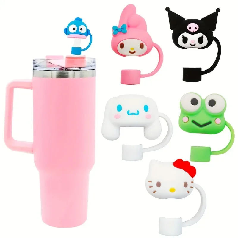 6 pçs sanrio melodia tampa de palha à prova de poeira kuromi olá kitty kawaii dos desenhos animados silicone 10mm tampa de palha palha copo de água acessórios