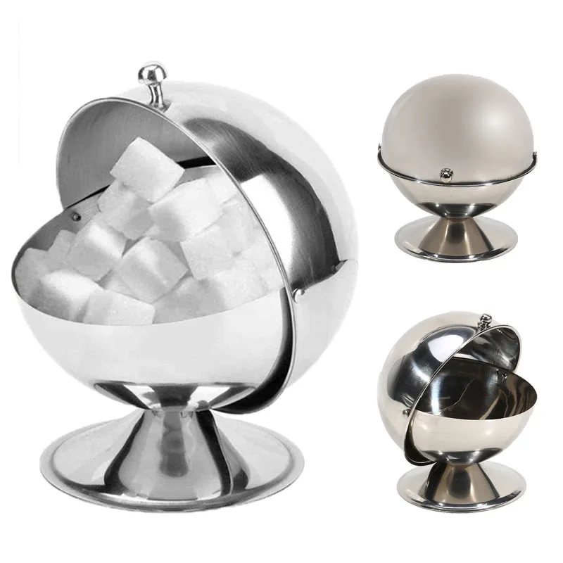 Azucarero de acero inoxidable, dispensador de crema, tazón para dulces, recipientes esféricos para condimentos de cocina, botella con tapa abatible, tarro de azúcar para bautizo