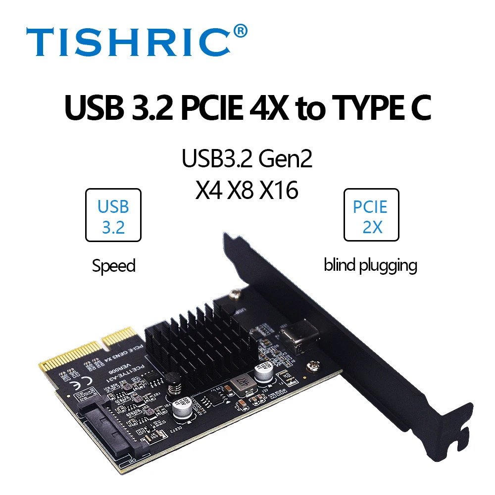 

TISHRIC USB 3.2 PCIE 4X To Type C Gen2 Expansion Card 20Gbps USB 3.2 PCIE Adapter Card PCI Express 4X 8X 16X ASM3242 Controller